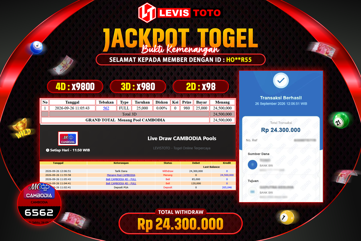 LEVISTOTO - BAYAR JACKPOT TOGEL PASARAN CAMBODIA TOTAL Rp.24.300.000 | DIBAYAR LUNAS