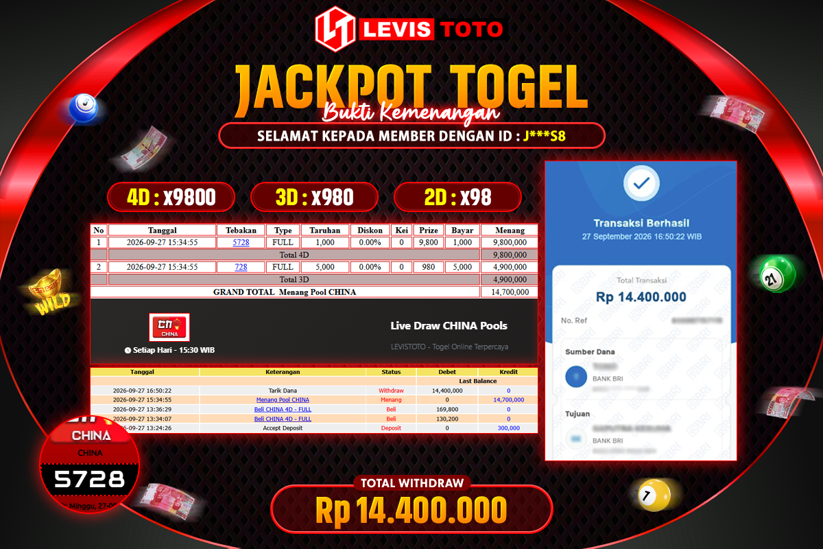 LEVISTOTO - BAYAR JACKPOT TOGEL PASARAN CHINA TOTAL Rp.14.400.000 | DIBAYAR LUNAS