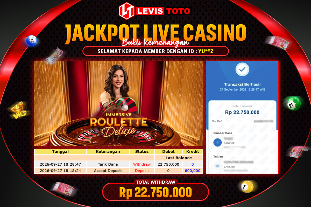 LEVISTOTO - BAYAR JACKPOT LIVE CASINO IMMERSIVE ROULLETE DELUXE TOTAL Rp.22.750.000 | DIBAYAR LUNAS