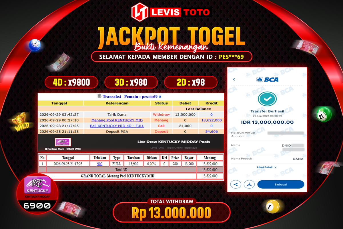 LEVISTOTO - BAYAR JACKPOT TOGEL POOL KENTUCKY MID TOTAL Rp.13.000.000 | DIBAYAR LUNAS