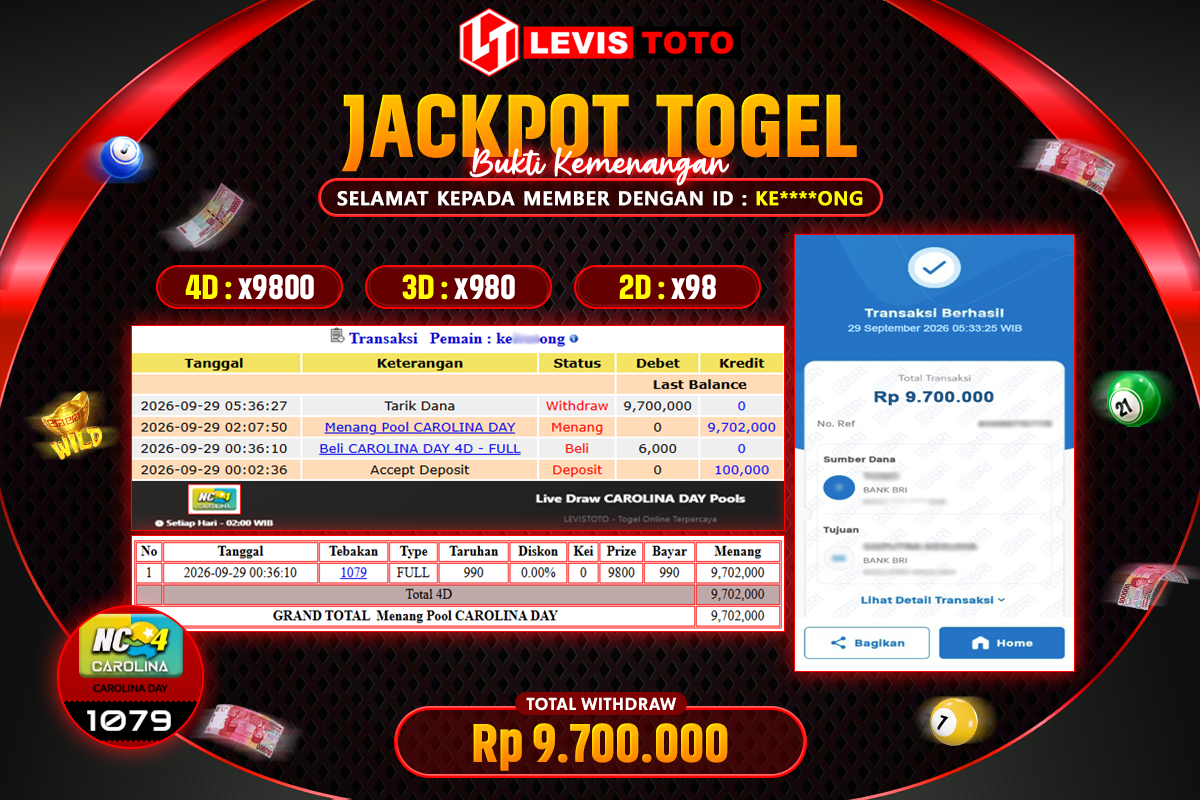LEVISTOTO - BAYAR JACKPOT TOGEL POOL CAROLINA DAY TOTAL Rp.9.700.000 | DIBAYAR LUNAS