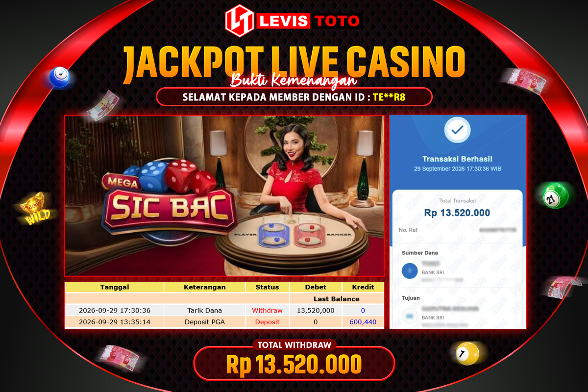 LEVISTOTO - BAYAR JACKPOT LIVE CASINO MEGA SIC BAC TOTAL Rp.13.520.000 | DIBAYAR LUNAS