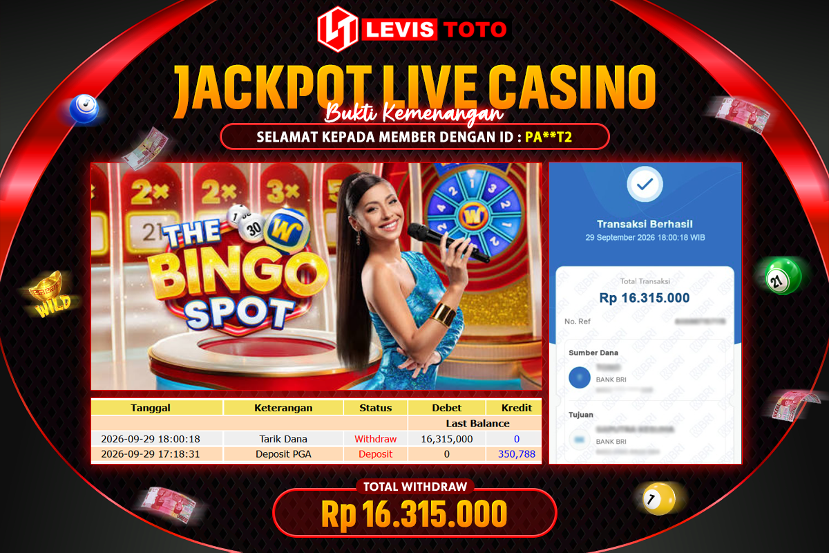 LEVISTOTO - BAYAR JACKPOT LIVE CASINO THE BINGO SPOT TOTAL Rp.16.315.000 | DIBAYAR LUNAS