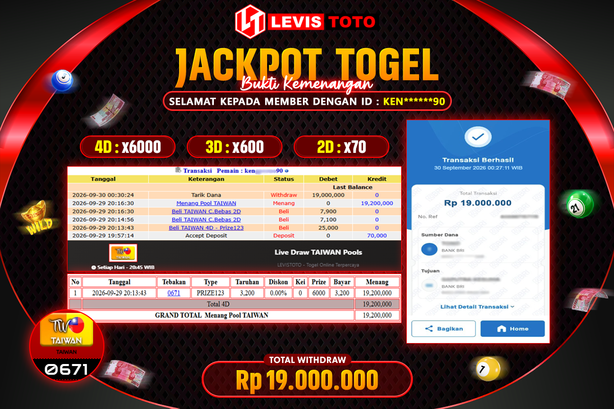 LEVISTOTO - BAYAR JACKPOT TOGEL POOL TAIWAN TOTAL Rp.19.000.000 | DIBAYAR LUNAS