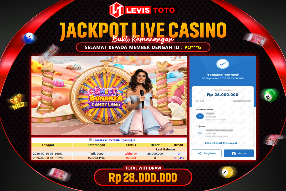 LEVISTOTO - BAYAR JACKPOT LIVE CASINO SWEET BONANZA CANDYLAND TOTAL Rp.28.000.000 | DIBAYAR LUNAS