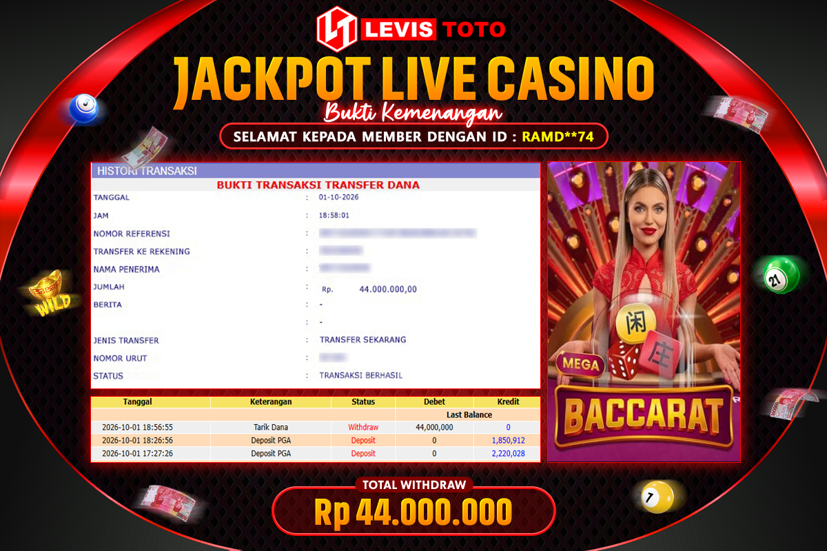 LEVISTOTO - BAYAR JACKPOT LIVE CASINO MEGA BACCARAT TOTAL RP.44.000.000 | DIBAYAR LUNAS