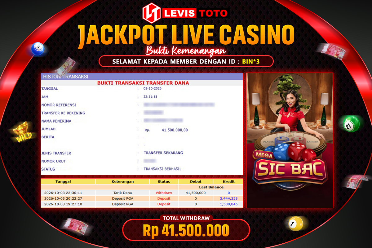 LEVISTOTO - BAYAR JACKPOT LIVE CASINO MEGA SIC BAC TOTAL RP.42.000.000 | DIBAYAR LUNAS
