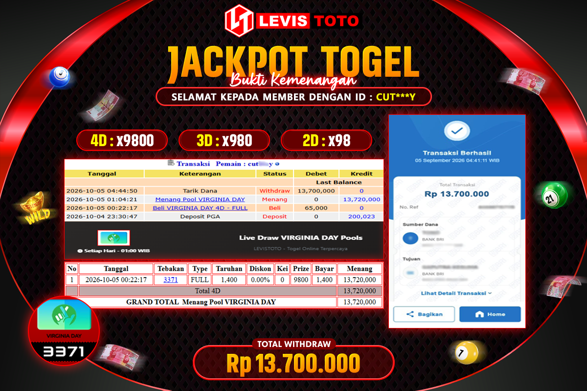 LEVISTOTO - BAYAR JACKPOT TOGEL POOL VIRGINIA DAY TOTAL Rp.13.700.000 | DIBAYAR LUNAS