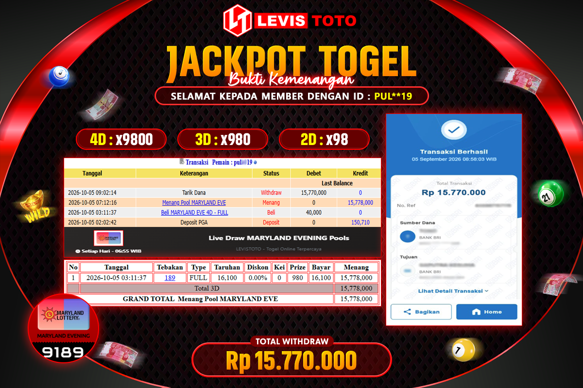 LEVISTOTO - BAYAR JACKPOT TOGEL POOL MARYLAND EVE TOTAL Rp.15.770.000 | DIBAYAR LUNAS