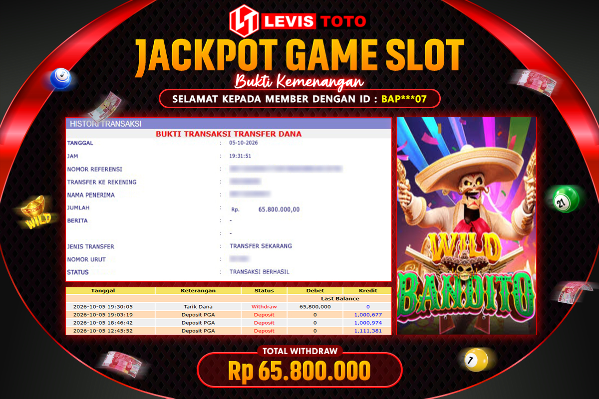 LEVISTOTO - BAYAR JACKPOT SLOT WILD BANDITO TOTAL RP.65.800.000 | DIBAYAR LUNAS